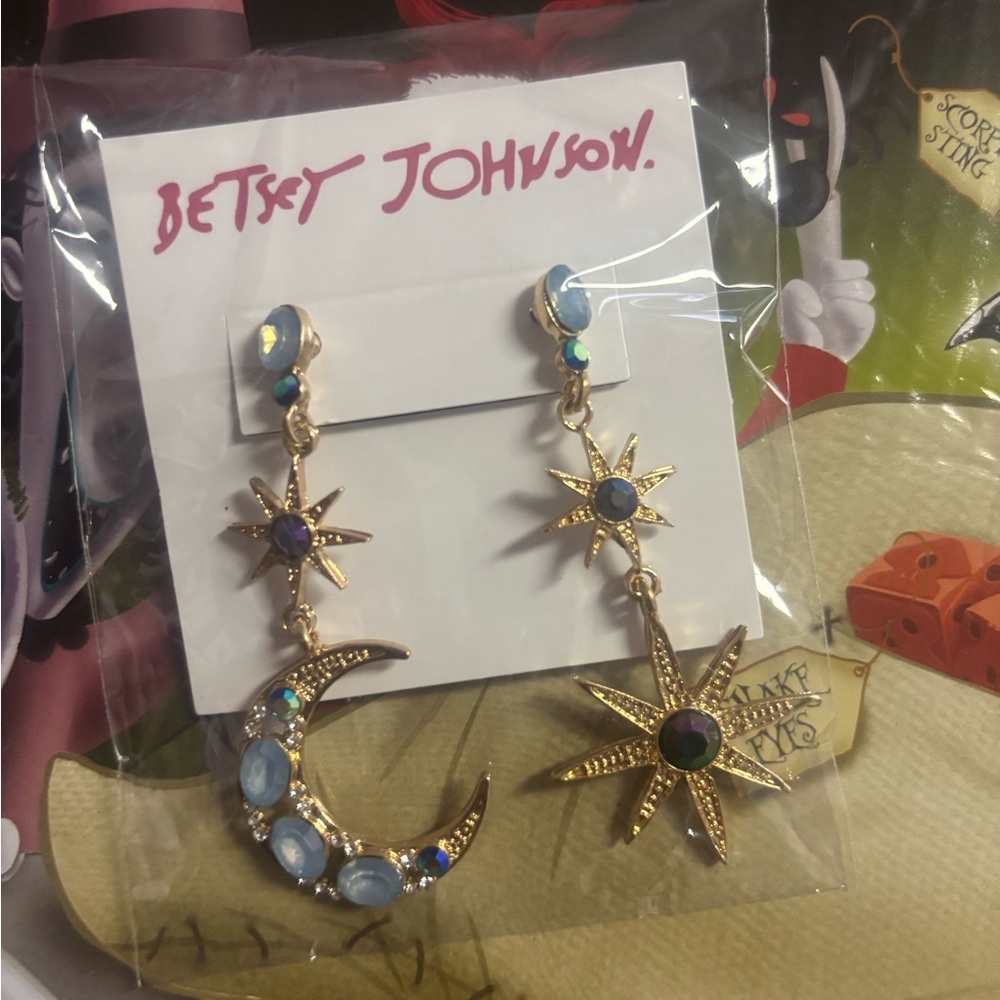 Betsey Johnson Gold Star and Moon Gem Earrings